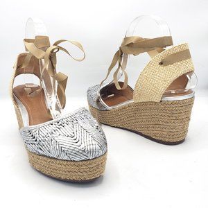 Schutz Espadrille Wedges Metallic Silver Woven Leather Ankle Ribbon Ties 9